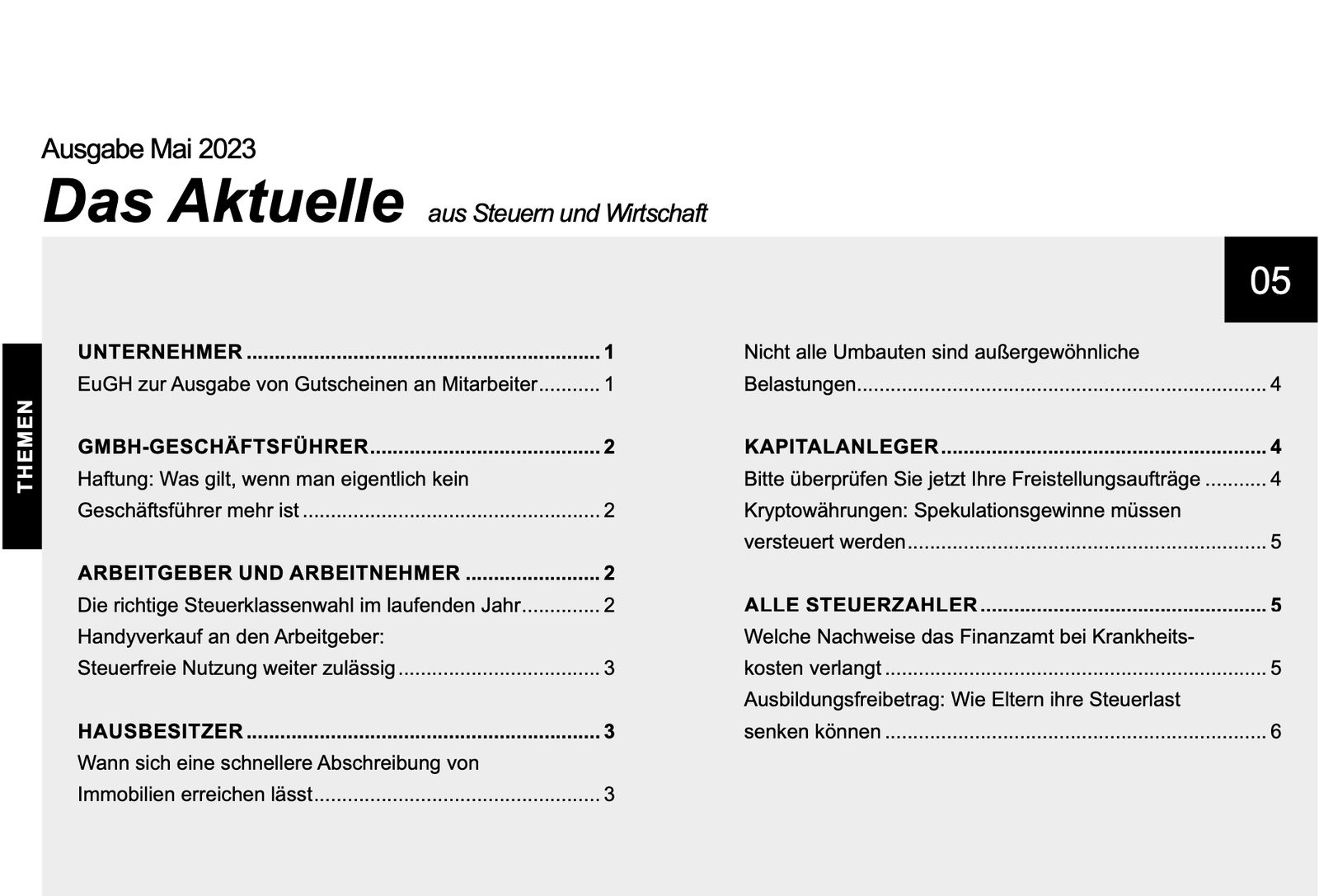 Aktuelles aus Steuern und Wirtschaft mit Beiträgen zu Freistellungsaufträgen, Gutscheinen und