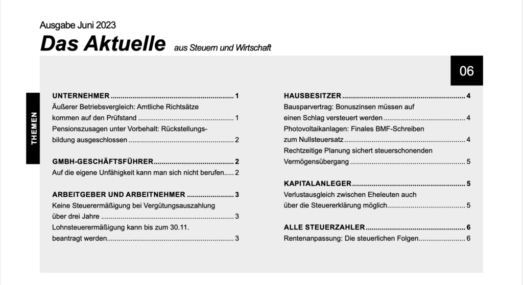 Aktuelles aus Steuern und Wirtschaft Juni 2023