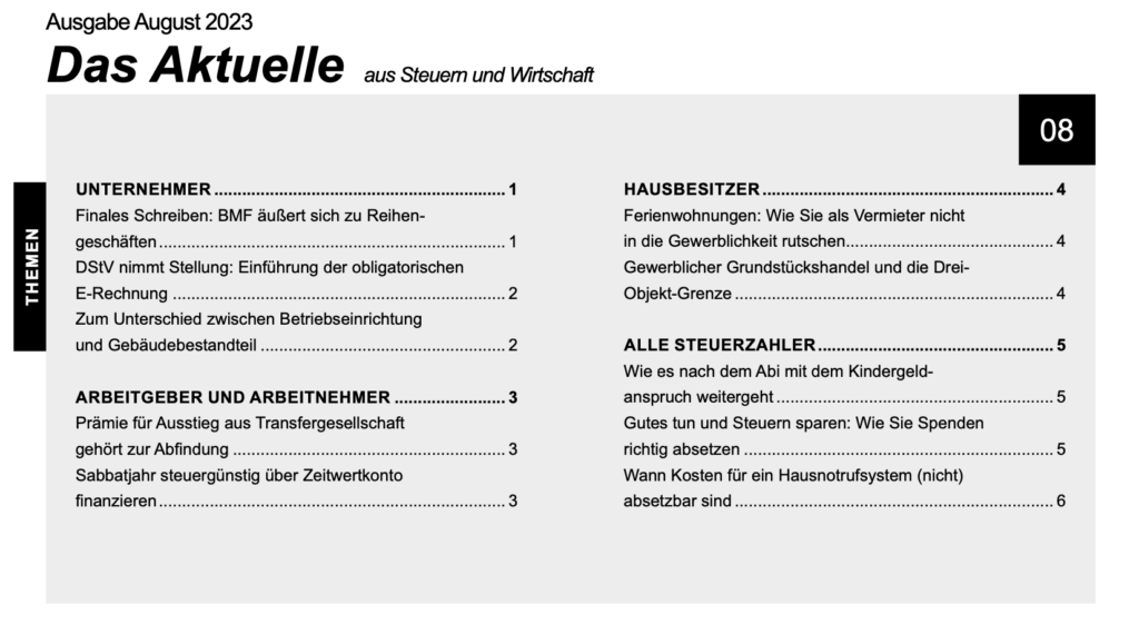 Aktuelles aus Steuern und Wirtschaft August 2023